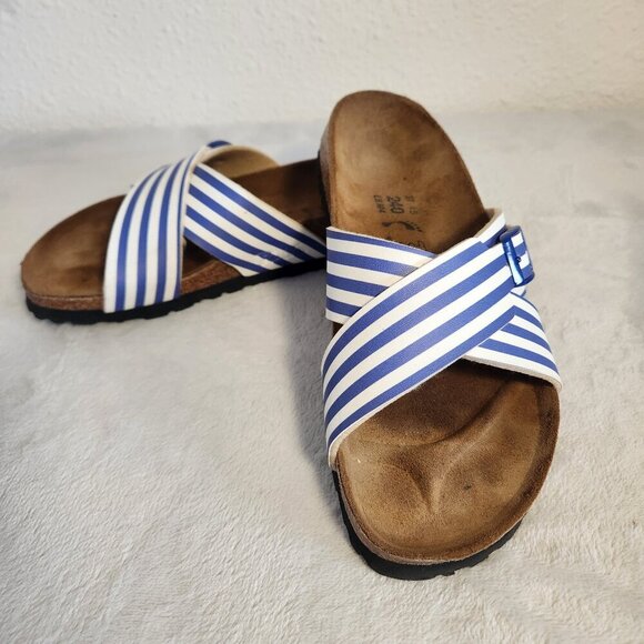 Birkenstock Shoes - Birkis Womens Siena Sandals Cross Over Adjustable White Blue Striped Size  6-6.5